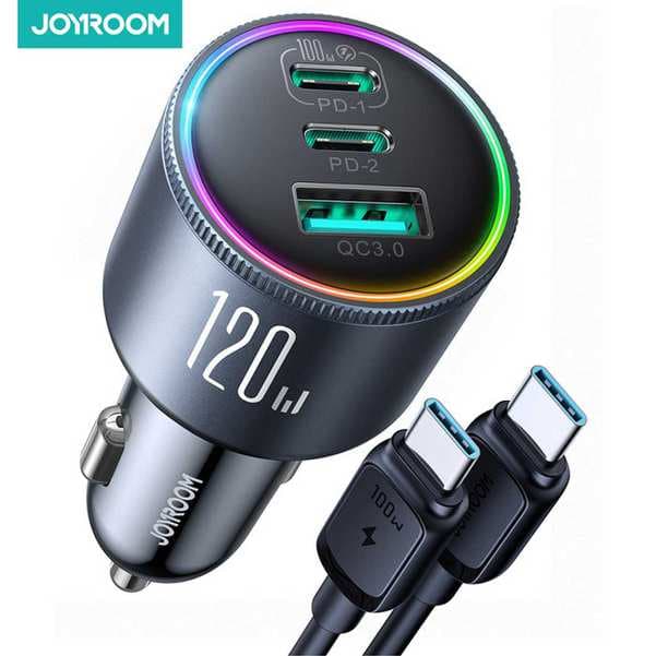 شارژر فندکی سوپر فست شارژ ماشین تایپ سی 120 وات با کابل دو سر تایپ سی جویروم JR-CCN07