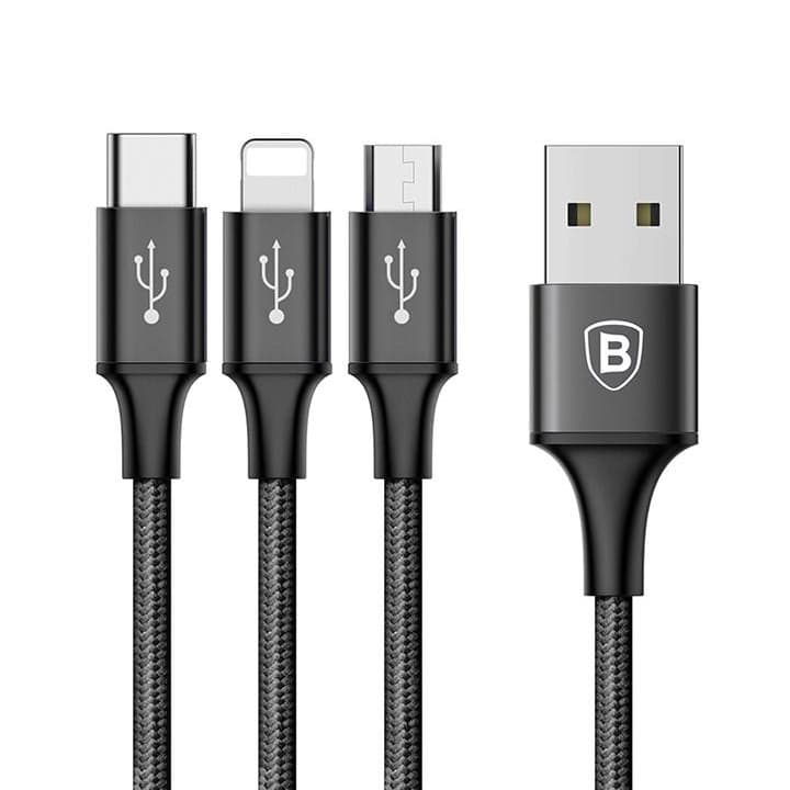 کابل شارژ سه سر USB به Micro USB و Type-C و Lightning بیسوس طول 1.2 متر