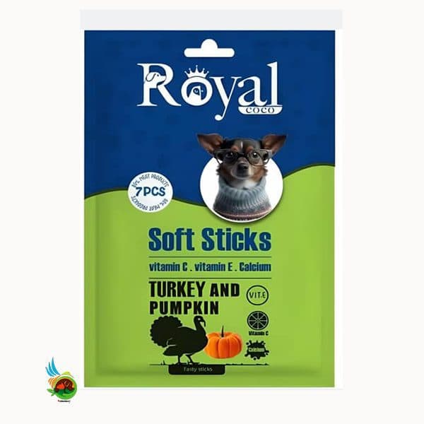 تشویقی مدادی نرم سگ رویال کوکو طعم بوقلمون و کدو حلوایی Royal coco soft sticks with turkey and pumpkin بسته ۷ عددی