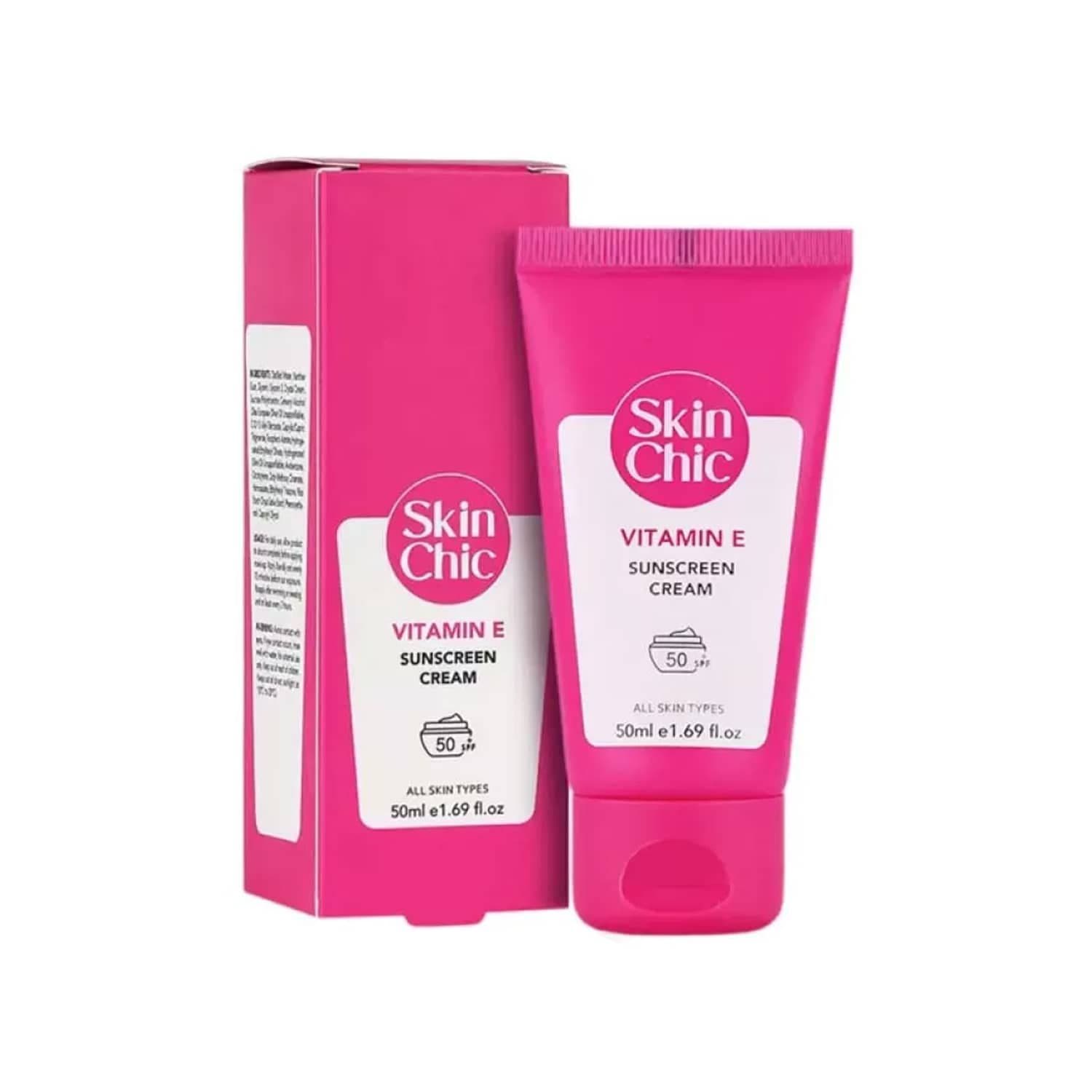 کرم ضد آفتاب SPF 50 بدون رنگ اسکین شیک مدل ویتامین E ‌مناسب انواع پوست حجم 50 میلی‌لیتر