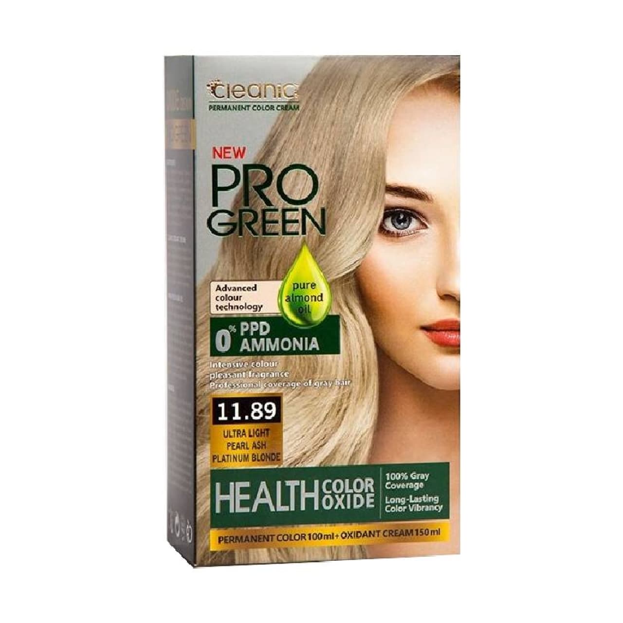 کیت رنگ موی بدون آمونیاک PRO GREEN رنگ بلوند پلاتینیوم خاکستری مرواریدی شماره 11.89 حجم 100 گرم