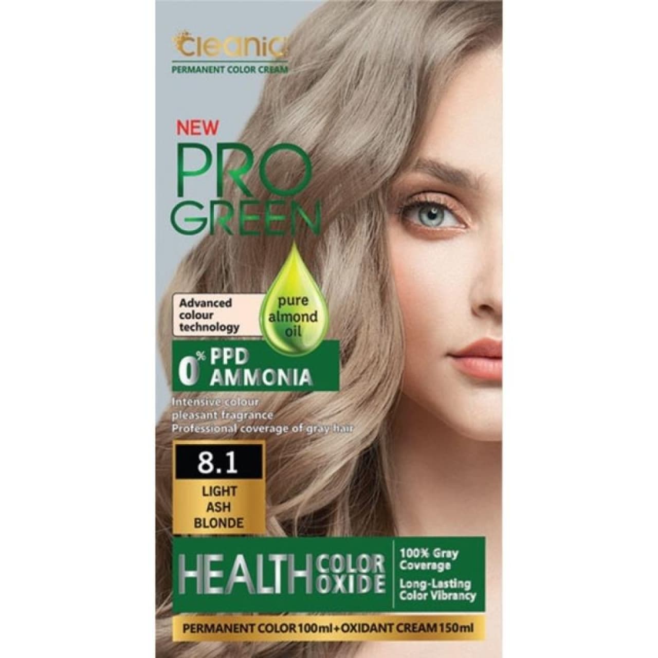 کیت رنگ موی بدون آمونیاک PRO GREEN رنگ بلوند خاکستری روشن شماره 8.1 حجم 100 گرم
