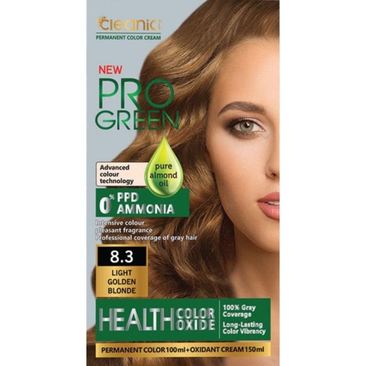 کیت رنگ موی بدون آمونیاک PRO GREEN رنگ بلوند طلایی روشن شماره 8.3 حجم 100 گرم