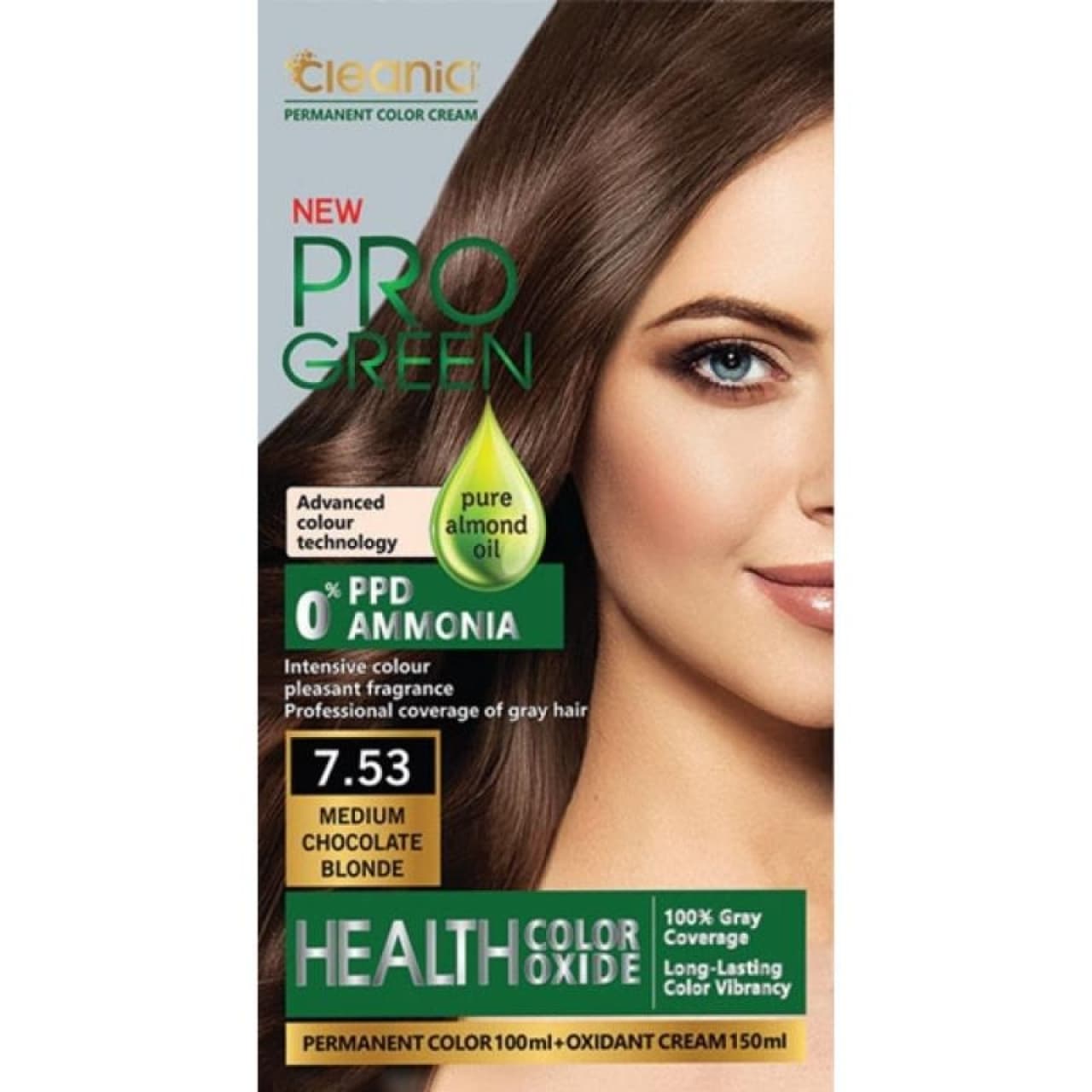 کیت رنگ موی بدون آمونیاک PRO GREEN رنگ بلوند شکلاتی متوسط 7.53 حجم 100 گرم