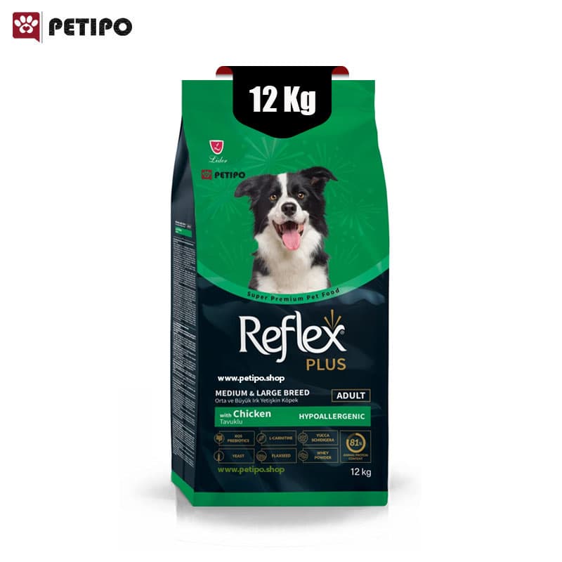 غذای خشک سگ بالغ نژاد متوسط و بزرگ رفلکس پلاس طعم مرغ (Reflex Plus Adult Dog Food with Chicken) وزن 12 کیلوگرم