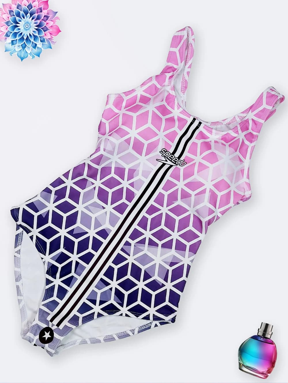 مایو اسلیپ زنانه کاپدار بند پشت قهرمانی طرح فانتزی و شاد به رنگ های صورتی و بنفش اسپیدو ( Speedo ) ضد کلر