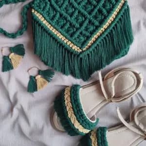 ست کیف و صندل و گوشواره مکرومه بافی مدل ارکیده