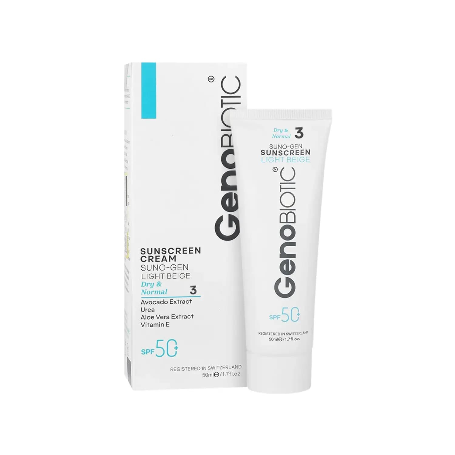 کرم ضد آفتاب ژنوبایوتیک SPF 50 مناسب پوست نرمال و خشک حجم 50 میلی لیتر - بژ روشن