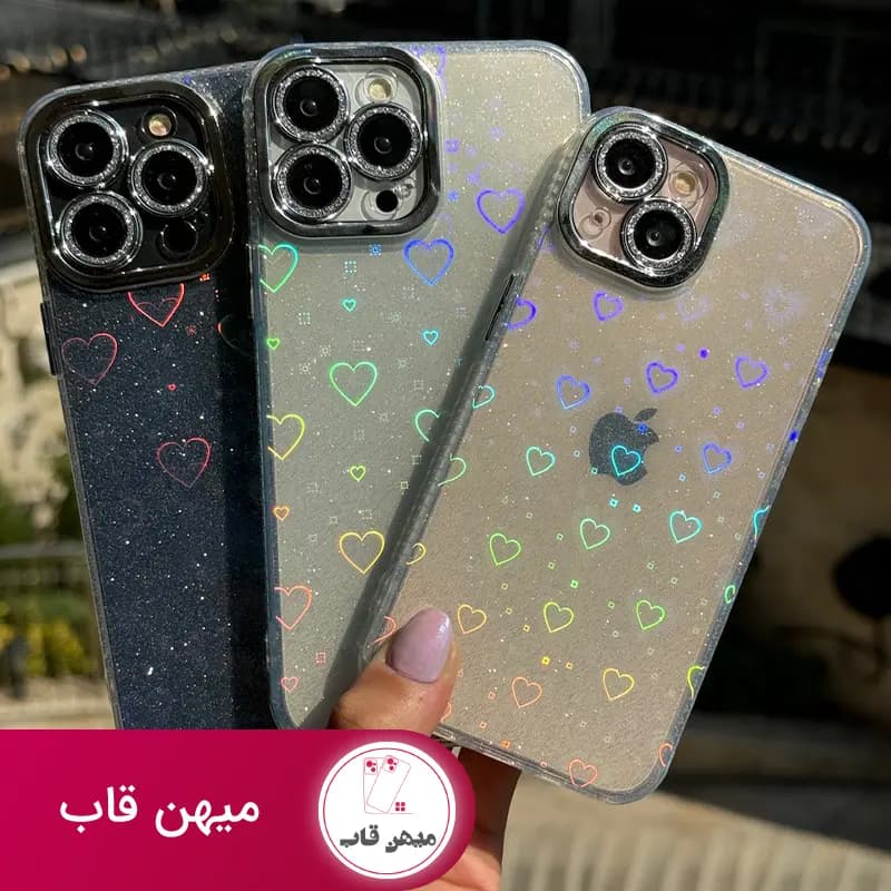 قاب گوشی آیفون شاینی قلب هولوگرامی لنز اکلیلی - کد (۳۳۱۳۴)