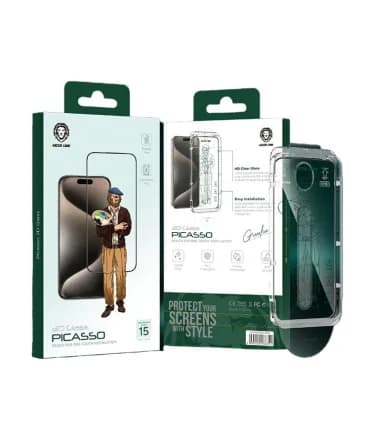 گلس قالب نصب اسان گرین لاین مدل پیکاسو ایفون 15 پرو Green Lion 3D Glass PICASSO Iphone 15 pro