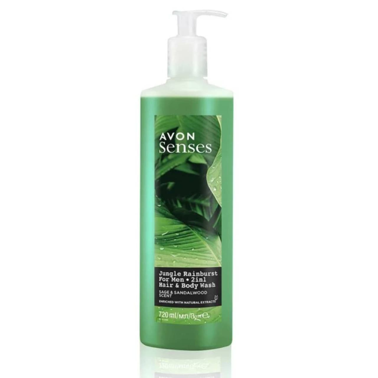 شامپو سر و بدن Senses Jungle Rainburst مریم گلی و چوب صندل اون AVON حجم 720 میل
