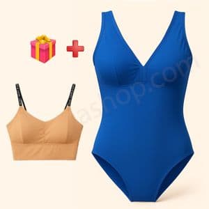 مایو زنانه اسلیپ پشت بسته آبی کاربنی + 🎁 همراه با هدیه یک عدد نیم تنه
