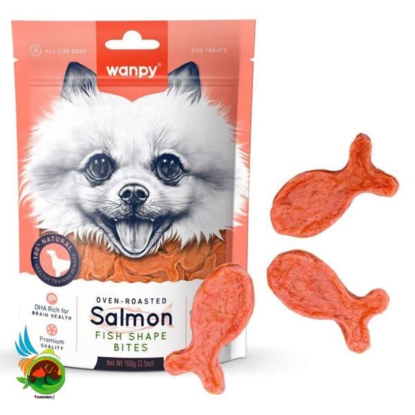 تشویقی سگ ونپی با طعم سالمون و تکه های ماهی شکل Wanpy Salmon & Fish Shape Bites وزن ۱۰۰ گرم