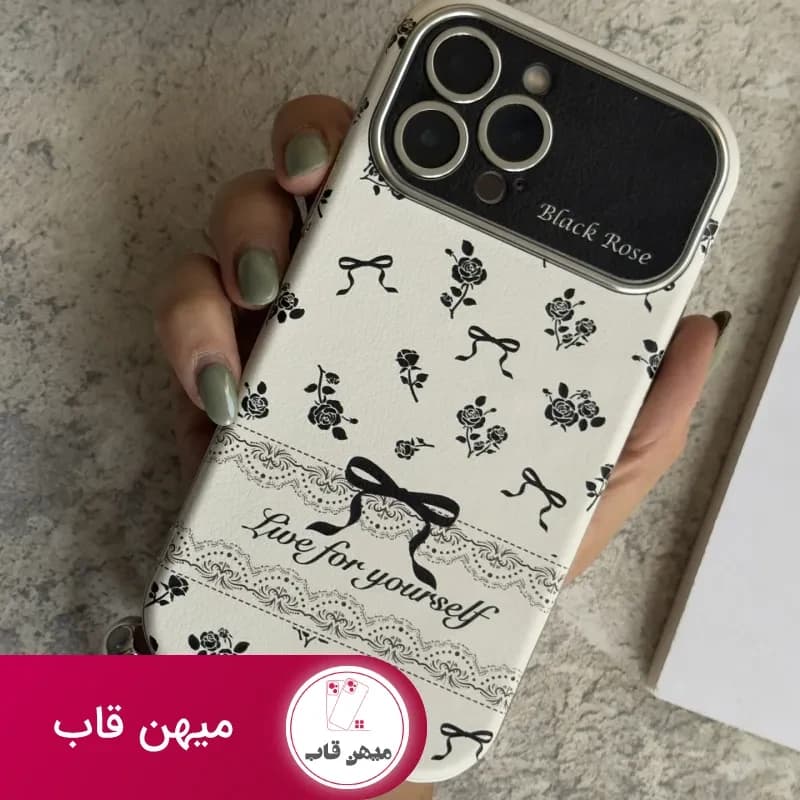 قاب موبایل آیفون بلک رز پاپیون ریز مشکی + بند پاپیون نگین دار - کد (۱۰۶۳۳۳)