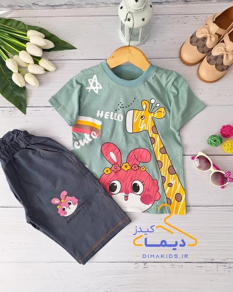 ست تیشرت و شلوارک سبز پاستیلی طرح خرگوش و زرافه