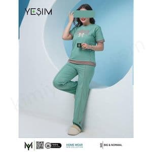 ست تیشرت و شلوار زنانه یشیم رنگ سبز – لباس راحتی نخ پنبه