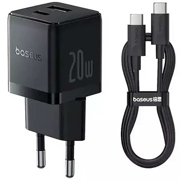 شارژر دیواری 20 وات فست شارژ Type-C و USB بیسوس با کابل دو سر تایپ سی CCZC20UE