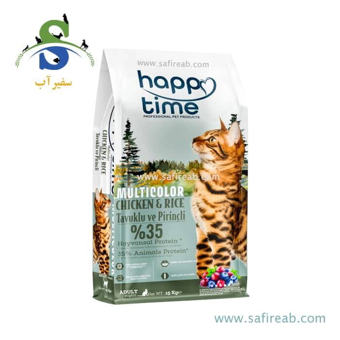 غذای خشک گربه بالغ هپی تایم مولتی کالر با طعم مرغ و برنج (۱۵ کیلوگرم)