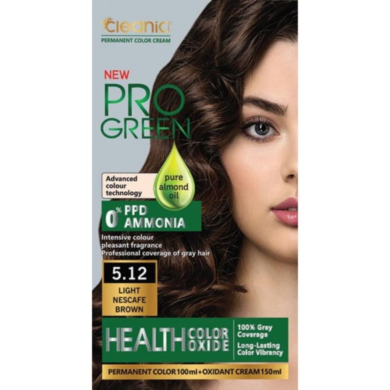 کیت رنگ موی بدون آمونیاک PRO GREEN رنگ نسکافه ای قهوه ای روشن 5.12 حجم 100 گرم