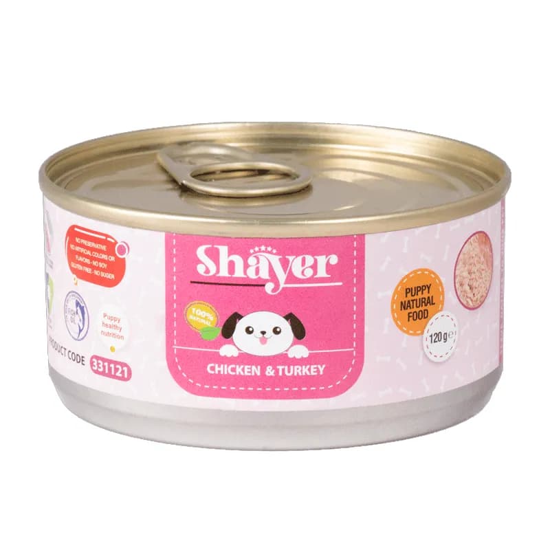کنسرو غذای توله سگ با طعم مرغ و بوقلمون شایر Shayer Natural With Chicken & Turkey وزن 120 گرم