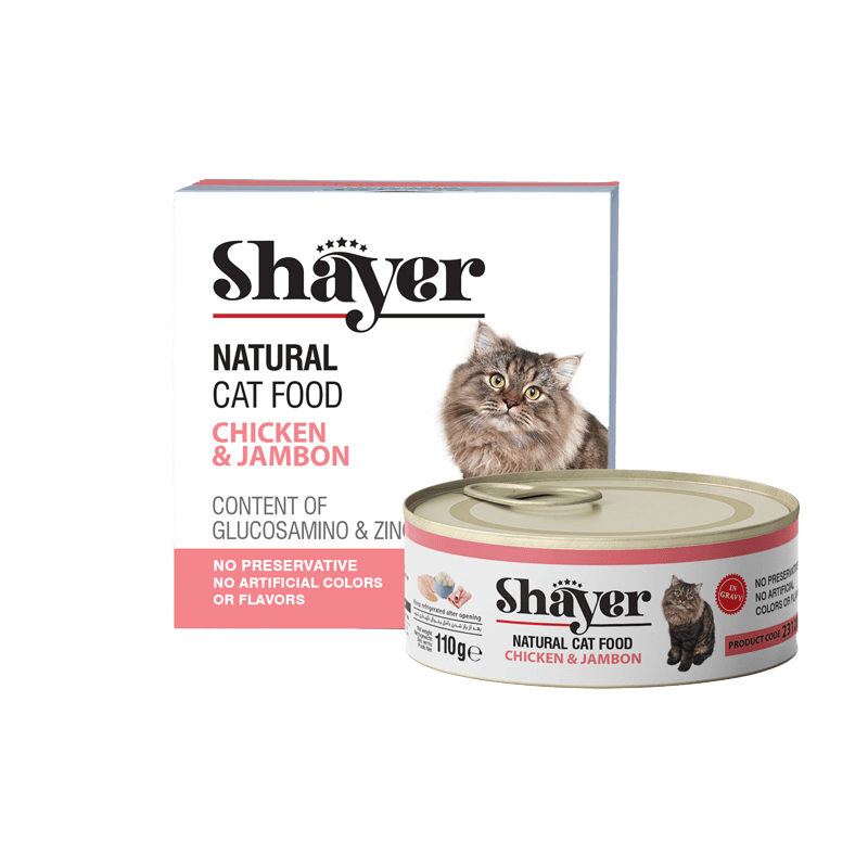 کنسرو غذای گربه با طعم مرغ و ژامبون در سس شایر Shayer Natural With Chicken & Jambon In Sauce گوشت وزن 110 گرم