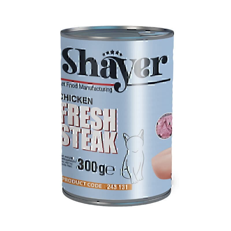 کنسرو غذای گربه استیک با طعم مرغ شایر Shayer Fresh Steak Chicken وزن 300 گرم