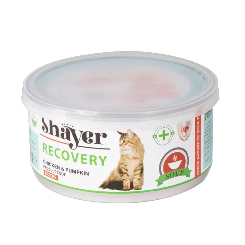 کنسرو ریکاوری گربه با طعم مرغ و کدو حلوایی شایر Shayer Soup With Chicken & Pumpkin وزن ۲۰۰ گرم