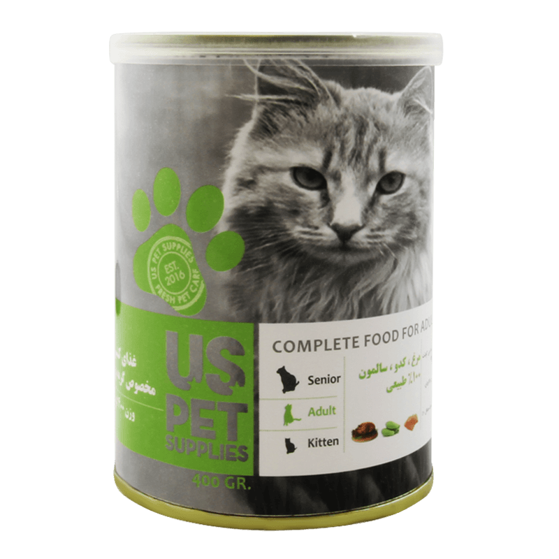کنسرو غذای گربه یو اس پت با طعم مرغ و سالمون و کدو سبز UsPet Canned Food With Chicken & Salmon & Zucchini وزن 400 گرم