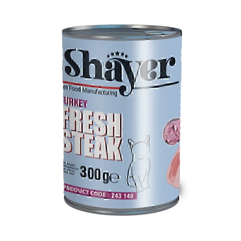 کنسرو غذای گربه استیک با طعم گوشت بوقلمون شایر Shayer Fresh Steak Turkey وزن 300 گرم