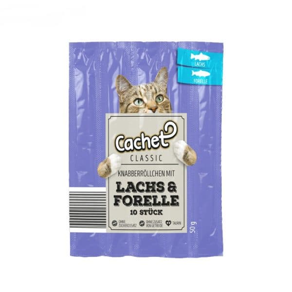 اسنک تشویقی مدادی گربه طعم ماهی سالمون و قزل آلا (Cachet Salmon and Forelle) بسته 10 عددی