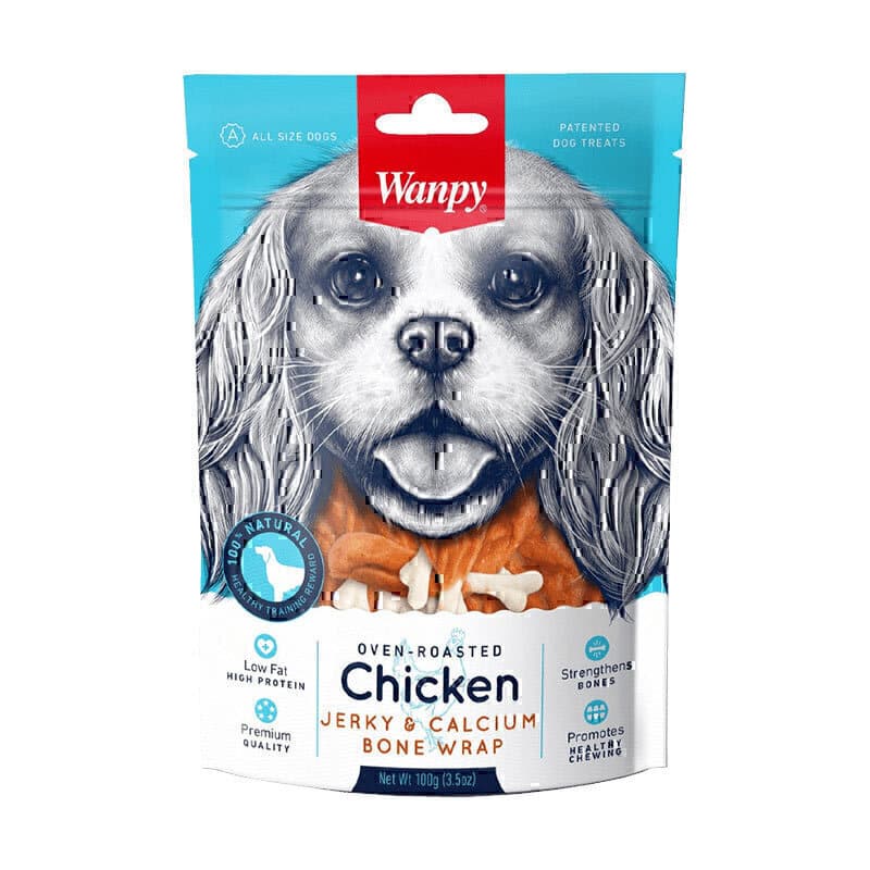 تشویقی سگ ونپی با طعم مرغ و کلسیم Chicken Jerky & Calcium Bone Wrap وزن 100 گرم