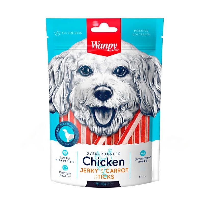 تشویقی جرکی سگ ونپی با طعم مرغ و هویج Wanpy Chicken Jerky & Carrot Sticks وزن 100 گرم