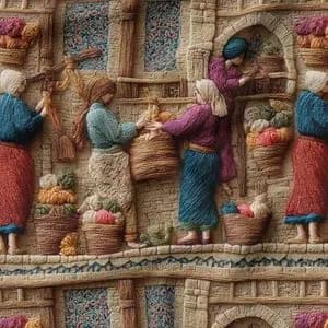 پارچه مخمل روبالشی پارچه باما طرح سه بعدی بازار قدیمی کد 5014245