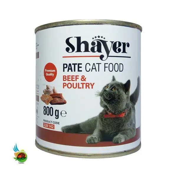 کنسرو غذای گربه شایر با طعم گوشت گاو و پرندگان Shayer Beef & Poultry وزن ۸۰۰ گرم