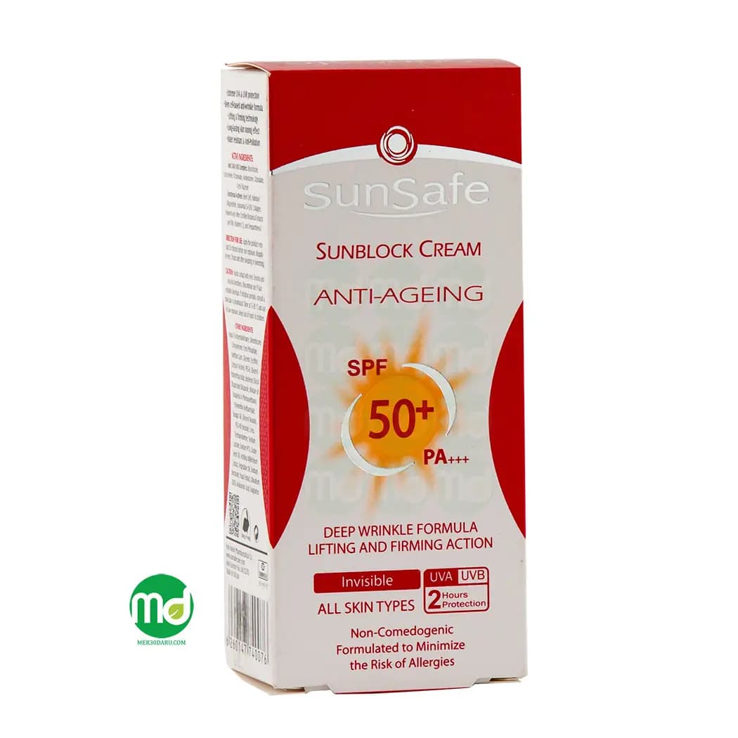 کرم ضد آفتاب فاقد رنگ و ضد پیری انواع پوست سان سیف +spf 50