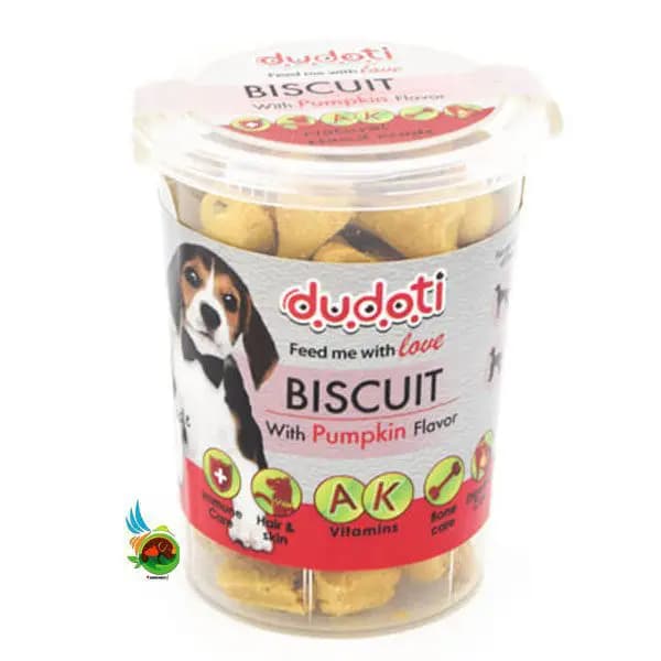 تشویقی بیسکویتی سگ دودوتی با طعم کدو Dudoti biscuit with pumpkin flavor وزن ۱۵۰ گرم