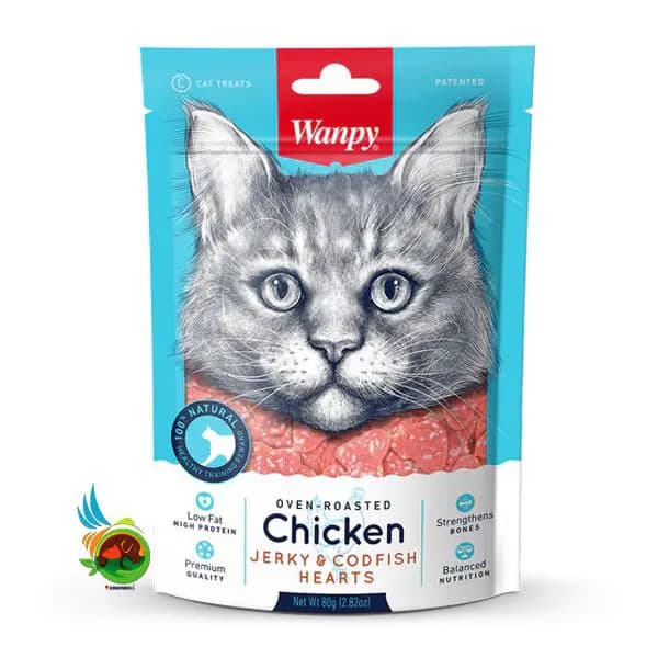 تشویقی گربه ونپی با طعم مرغ و ماهی طرح قلب Wanpy chicken jerky & cod fish hearts وزن ۸۰ گرم