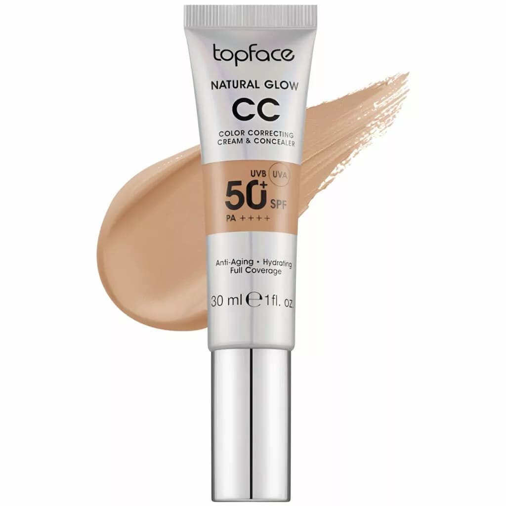 کرم پودر CC مایع +SPF50 تاپ فیس مدل NATURAL GLOW شماره 004 مناسب برای انواع پوست حجم 30 میلی لیتر
