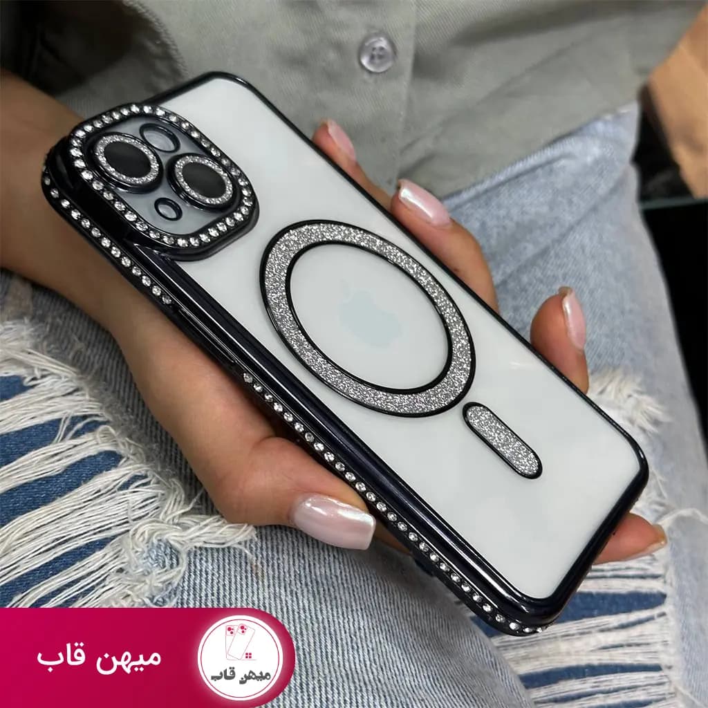قاب گوشی آیفون شاین نگینی مشکی به همراه محافظ لنز و مگ سیف - کد (۳۶۸۰۷)