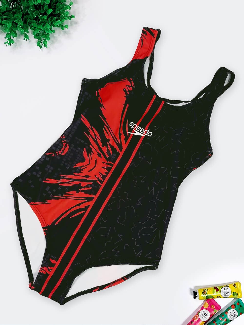 مایو اسلیپ زنانه مدل پشت قهرمانی کاپدار مشکی و قرمز اسپیدو ( Speedo ) استخری