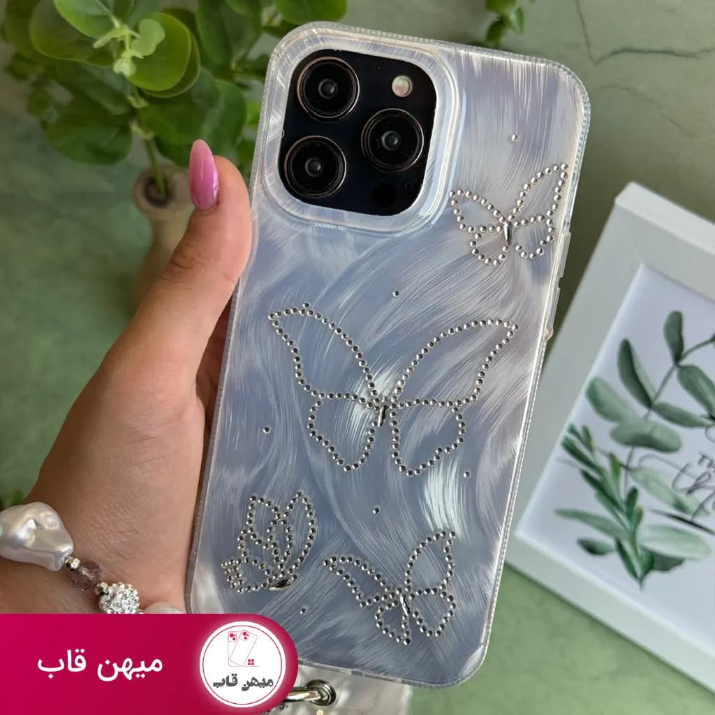 قاب گوشی آیفون پروانه نگینی با آویز - کد (۲۹۴۸۱)