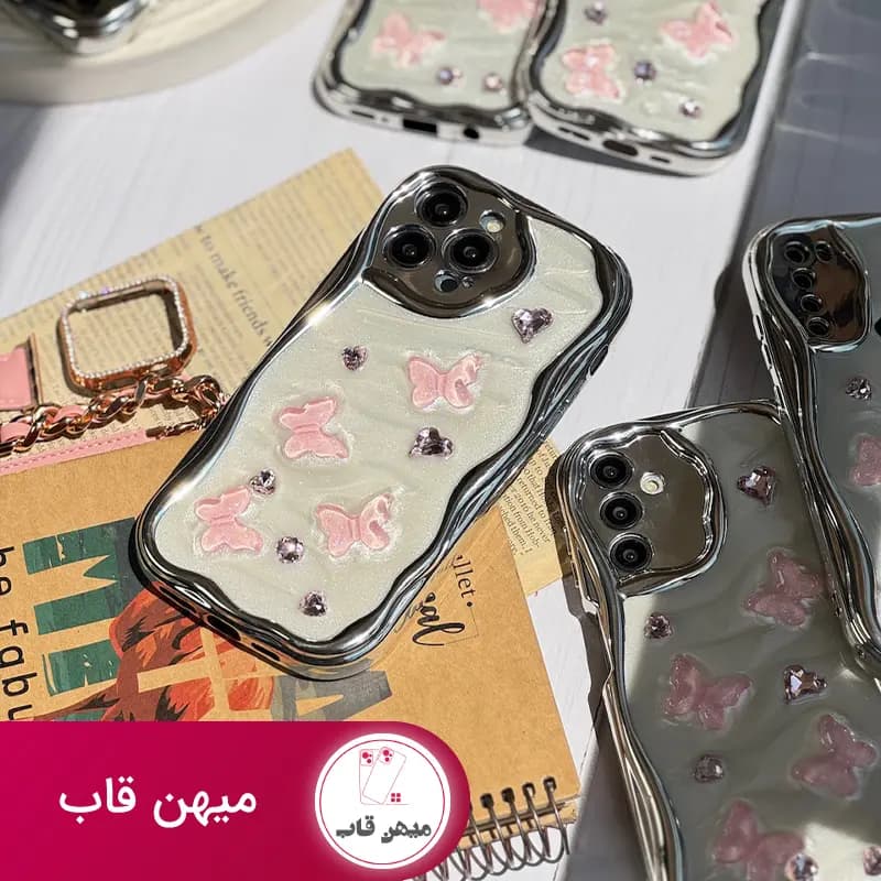 قاب گوشی سامسونگ و شیائومی کرومی پروانه و قلب صورتی - کد (۴۵۴۱۴)