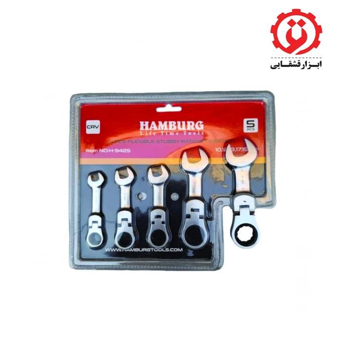 ست آچار 5 عددی یکسر تخت و رینگ جغجغه ای سرتاشو لولایی مفصلی هامبورگ مدل H-9425