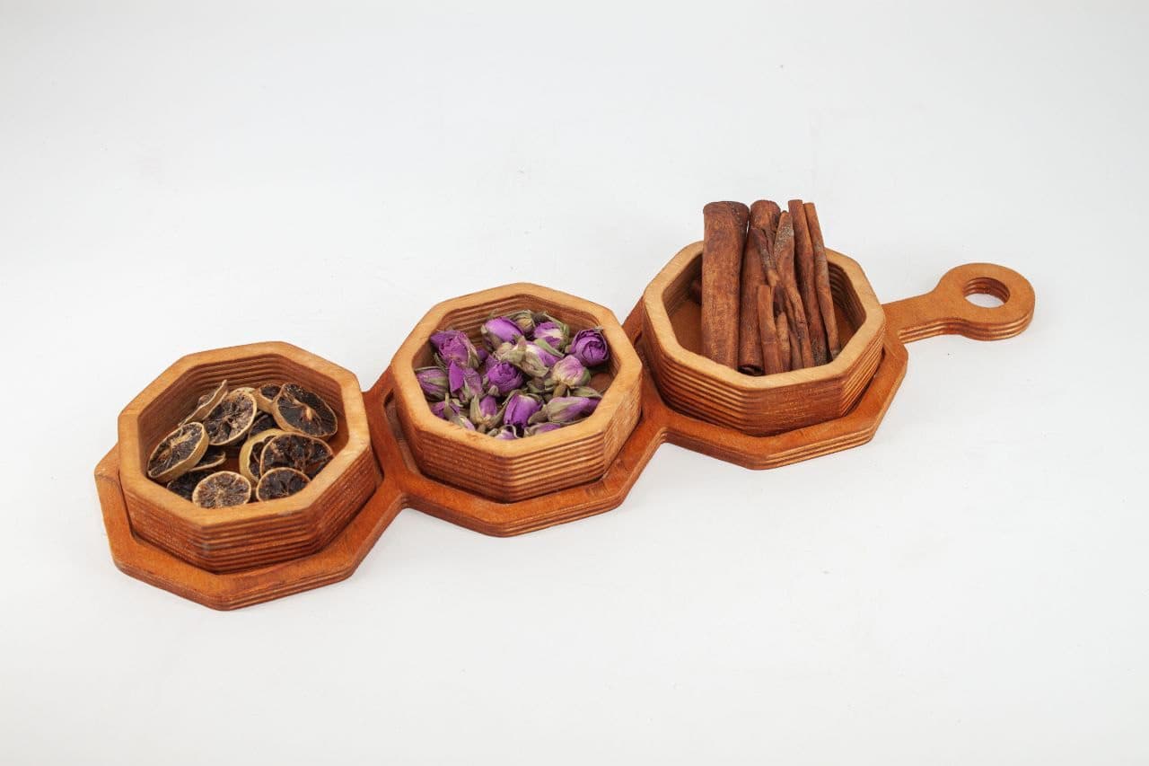 اردو خوری راکتی بهمراه سه پیاله طرح 8 ضلعی چوبی