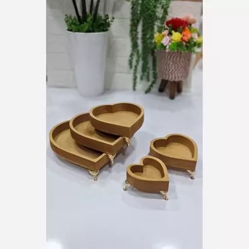 سینی پنچ تکه چوبی پذیرایی پایه دار سینی سرو پنج تکه چوبی مدل قلب
