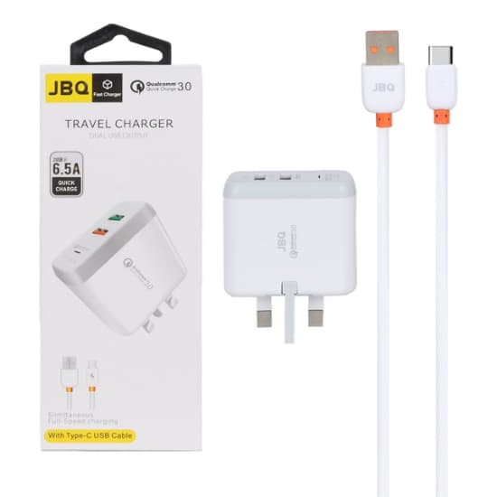 شارژر دیواری 18 وات فست دو پورت جی بی کیو مدل F-2USB همراه با کابل Type-C