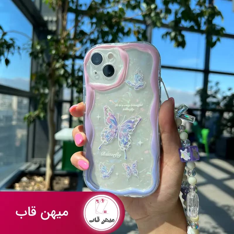 قاب گوشی آیفون پروانه پاستیلی آویزدار صدفی - کد (۲۹۶۵۳)